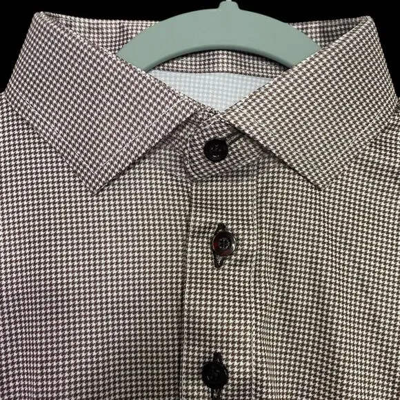 Collars & Co Polo Shirt Mens L Brown Houndstooth Dress Collar Preppy Stretch NWT - Picture 5 of 10